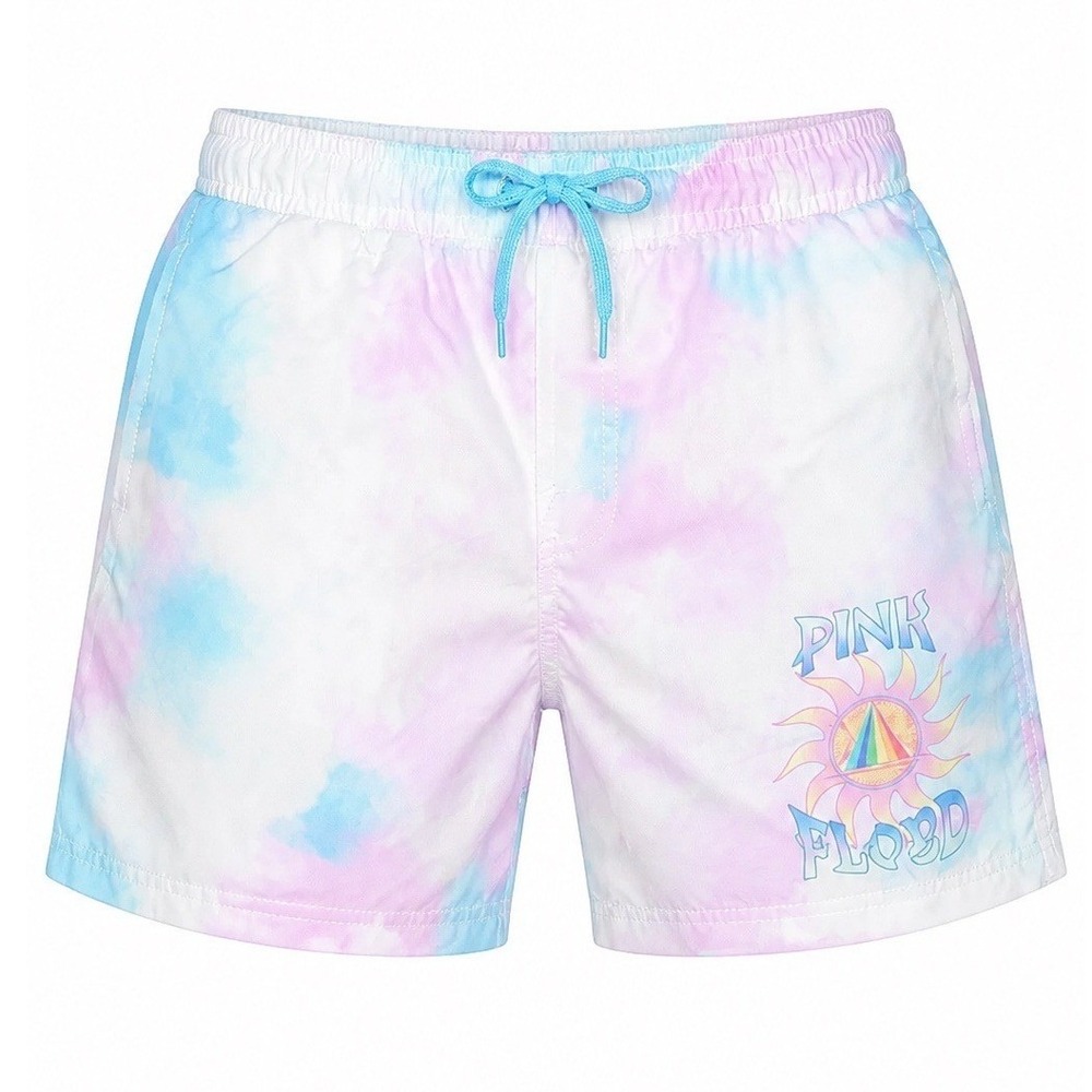 Pink Floyd Mens Tie Dye Swim Trunks Pastel Pink Blue Sun Prism Logo Size M NEW